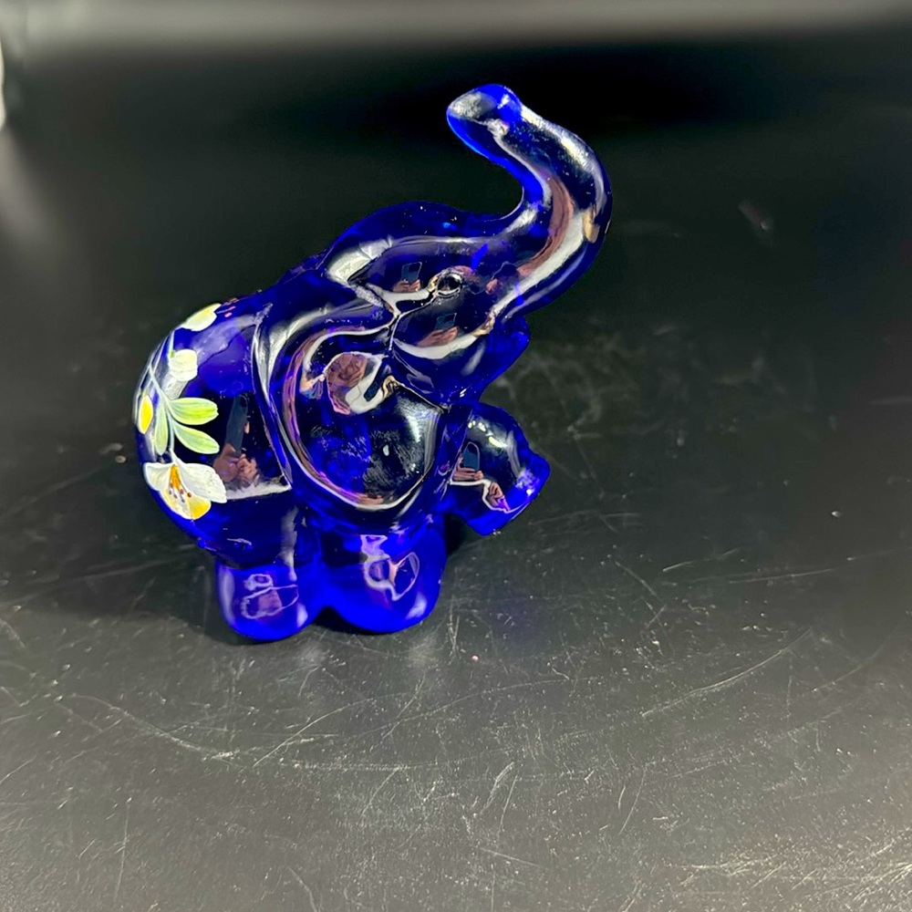 Fenton Cobalt Blue Glass Elephant Figurine with Hand Painted Floral Design - Picture 3 of 6